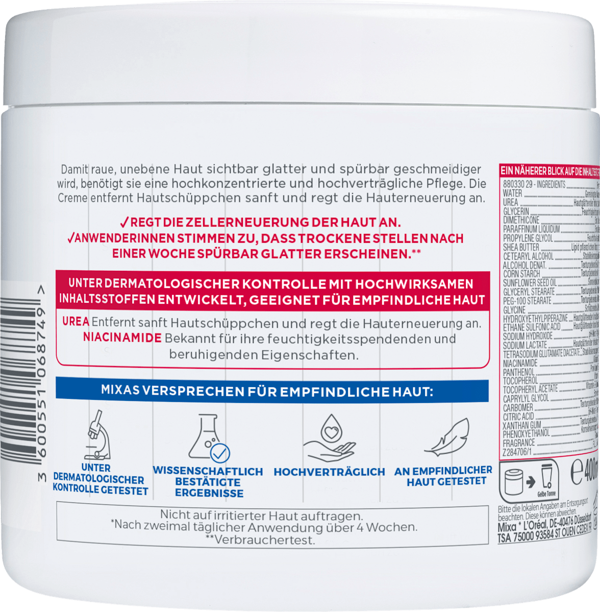 Mixa Urea Cica Repair+ – Hauterneuernde Creme (10% Urea & Niacinamide) 400ml