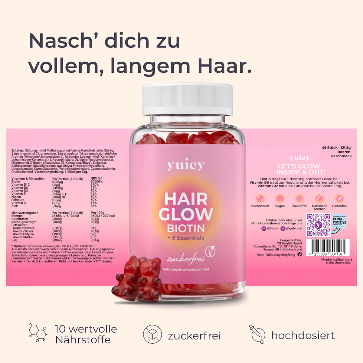 Hair Glow Biotin + B12 & 8 Essentials Gummies – 45 Gummies, 121 g