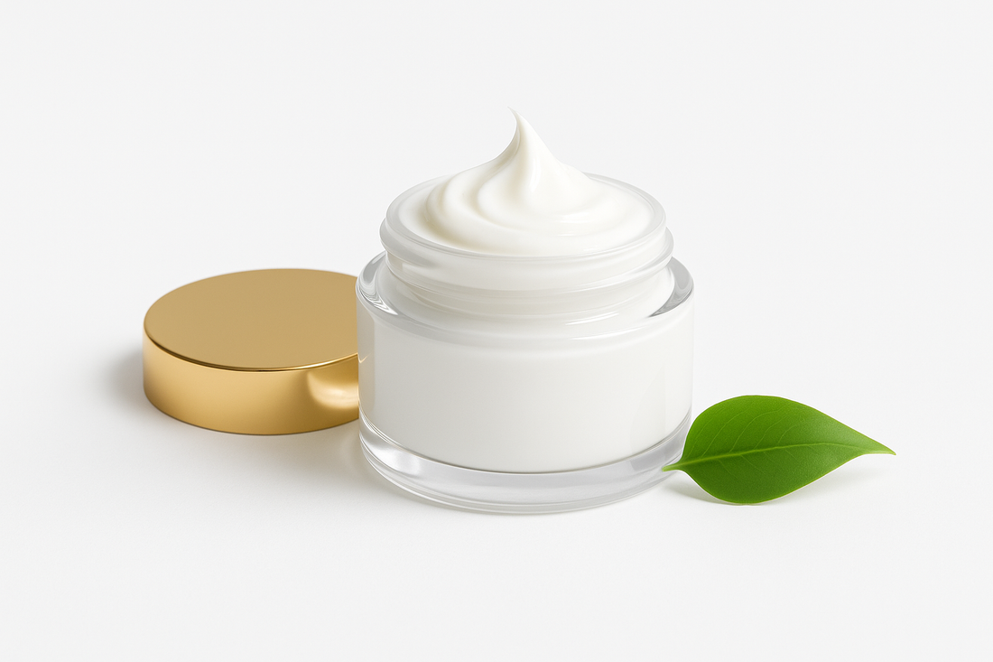Natural skincare cream jar with a golden lid and soft white background — NaturQuality beauty article visual.