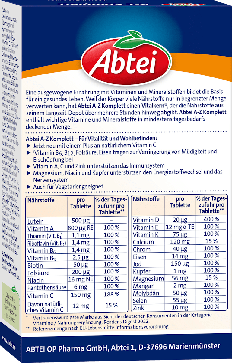 Abtei A-Z Komplett Complete Multivitamins 40 Depot Tablets