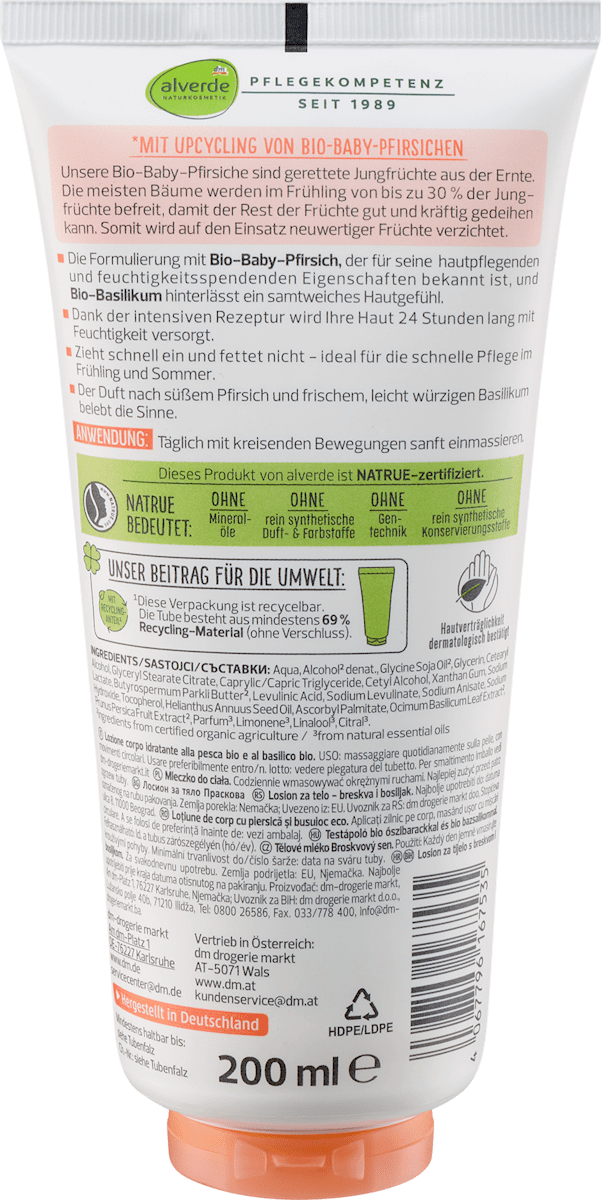 Alverde Pfirsichtraum Körperlotion with Organic Baby Peach & Organic Basil 200 ml
