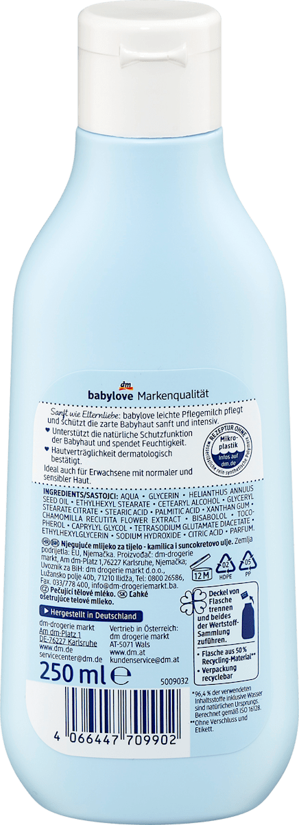 Babylove Leichte Pflegemilch Sensitive with Chamomile & Sunflower Oil 250 ml