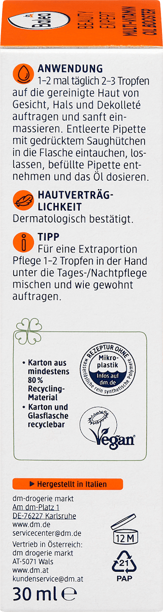 Balea Beauty Expert – Multi-Vitamin Oil Booster (6% Vitamin Complex + 4% Carrot Oil) 30ml