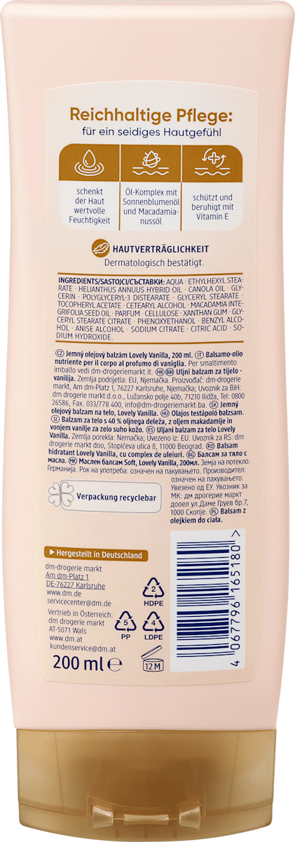 Balea – Lovely Vanilla Soft-Oil Balsam (with Macadamia Oil, for Very Dry Skin) 200ml