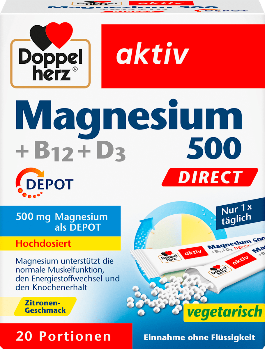 Doppelherz Aktiv Magnesium 500 + B12 + D3 Direct – 20 Sachets