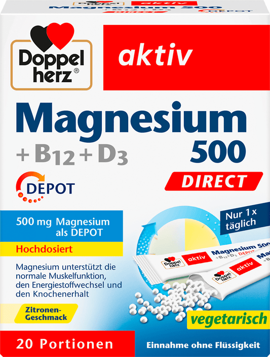 Doppelherz Aktiv Magnesium 500 + B12 + D3 Direct – 20 Sachets