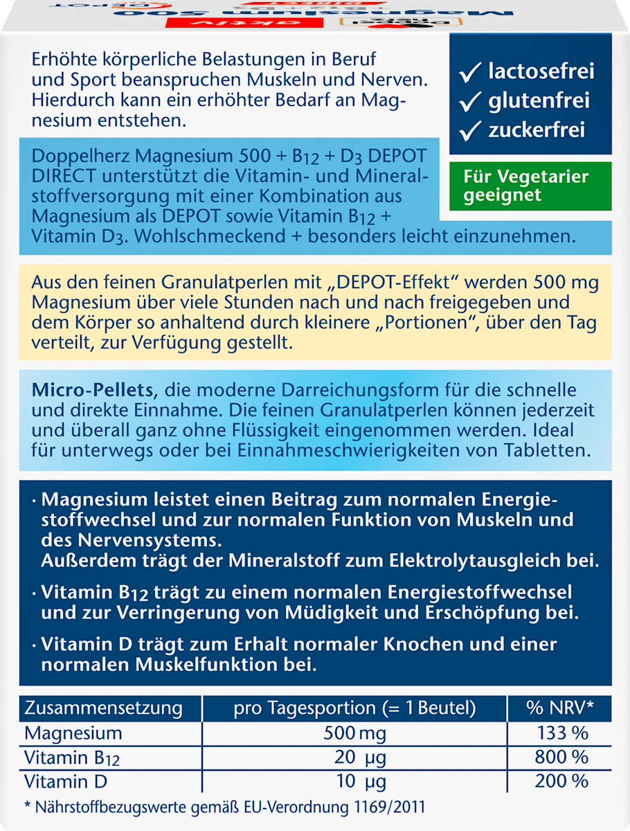 Doppelherz Aktiv Magnesium 500 + B12 + D3 Direct – 20 Sachets