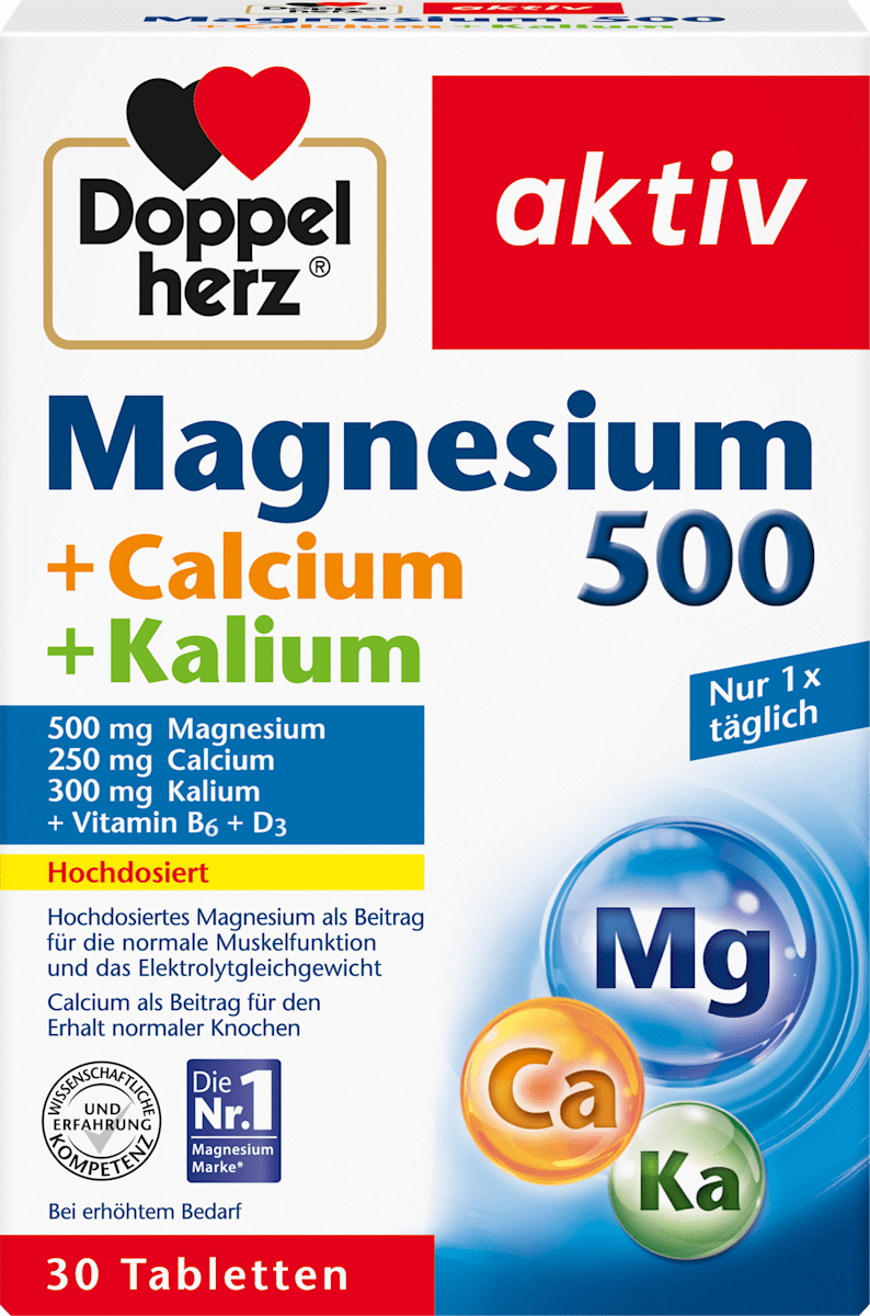 Doppelherz Aktiv Magnesium 500 + Calcium + Potassium + Vitamin B6 & D3 – 30 Tablets