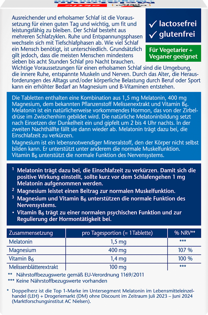 Doppelherz Aktiv Melatonin + Magnesium 400 + Vitamin B6 + Lemon Balm Extract – 30 Tablets