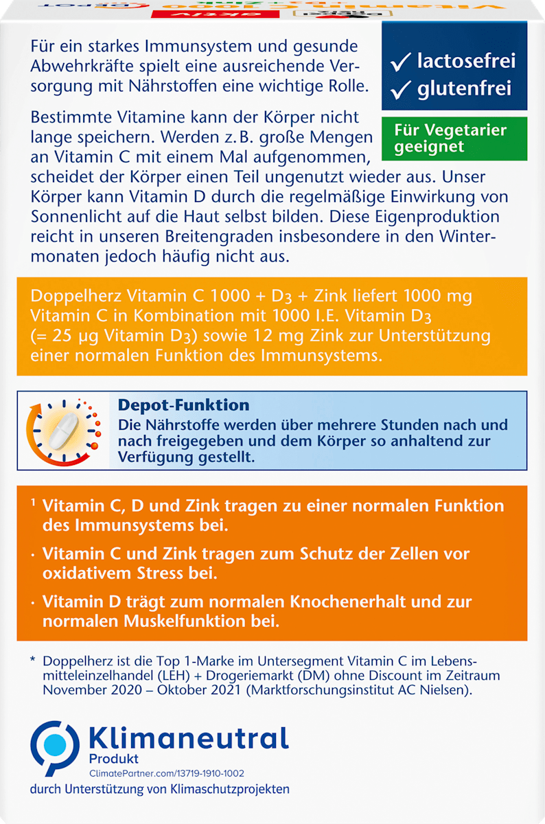 Doppelherz Aktiv Vitamin C 1000 + D3 + Zinc – 30 Depot Tablets