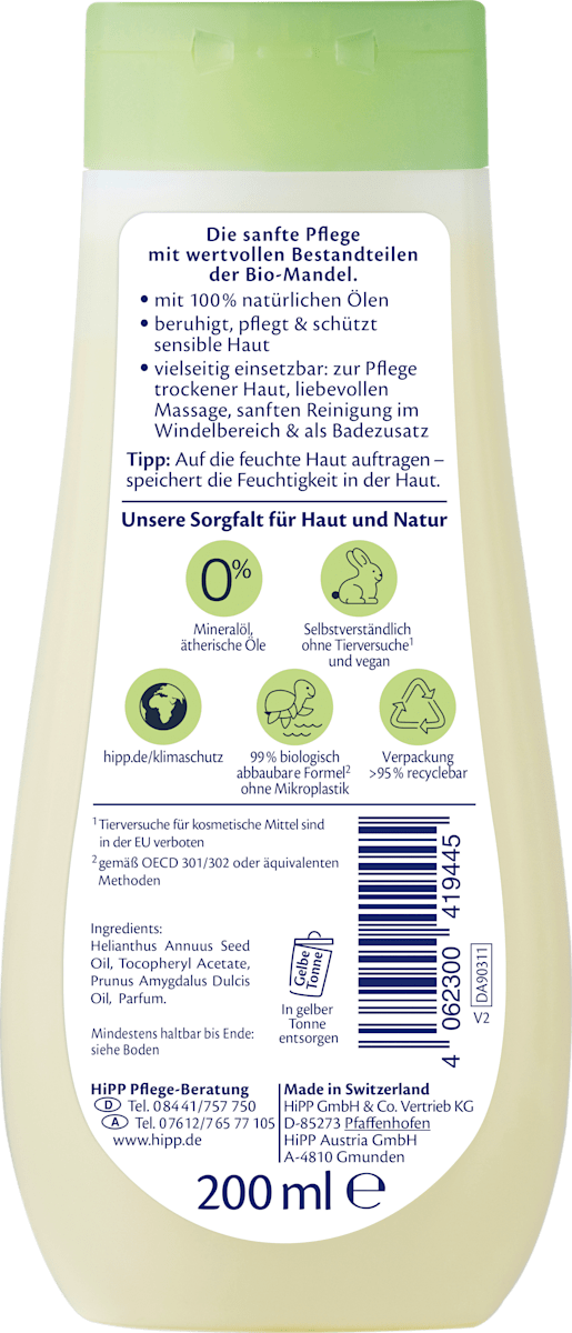 HiPP Babysanft – Sensitive Baby Care Oil with Organic Almond Oil 200ml