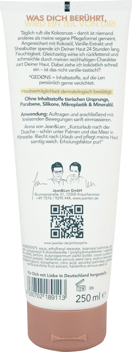 Jean & Len Body Milk – Kokos & Vanille (Coconut & Vanilla) 250ml