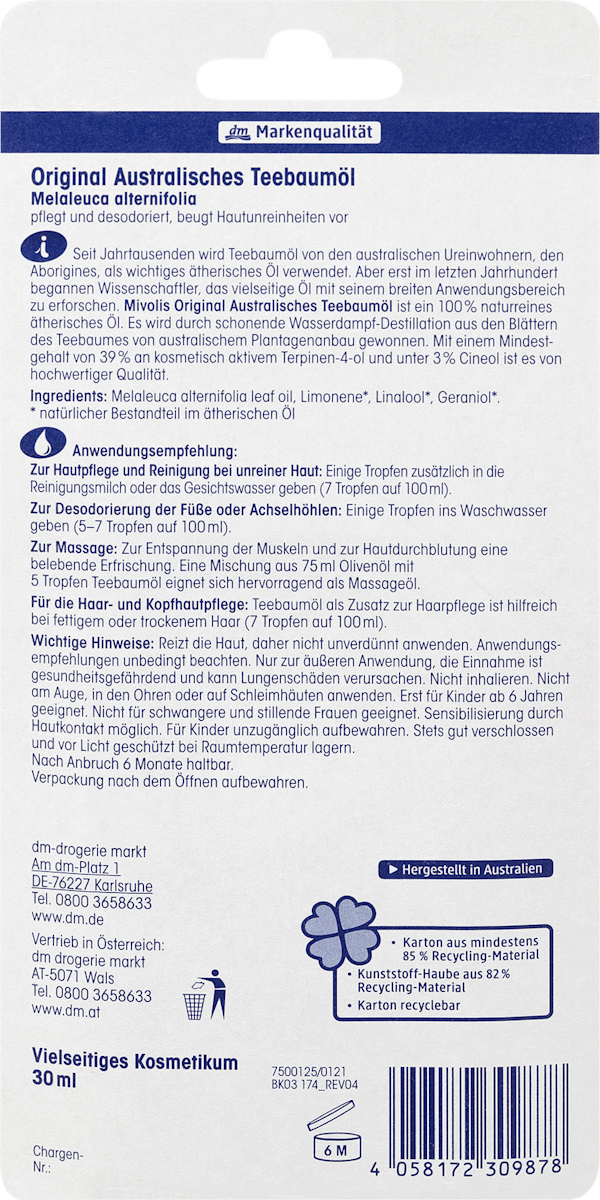 Mivolis – Original Australian Tea Tree Oil (100% Pure Melaleuca Alternifolia) 30ml