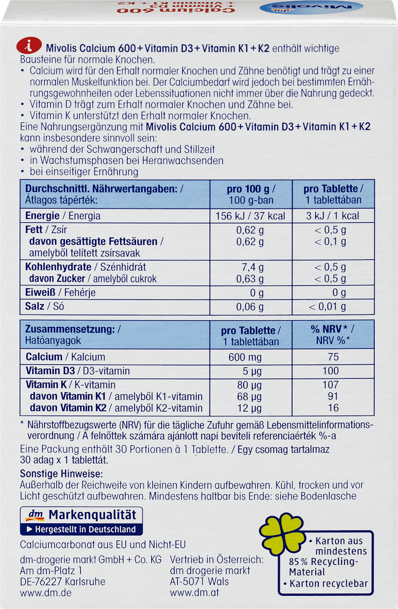 Mivolis Calcium 600 + Vitamin D3 + Vitamin K1 + K2 – 30 Tablets
