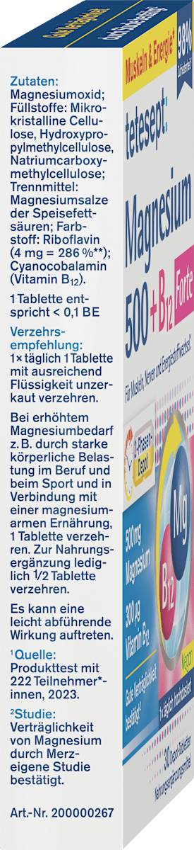 Tetesept Magnesium 500 + B12 Forte – 30 Tablets