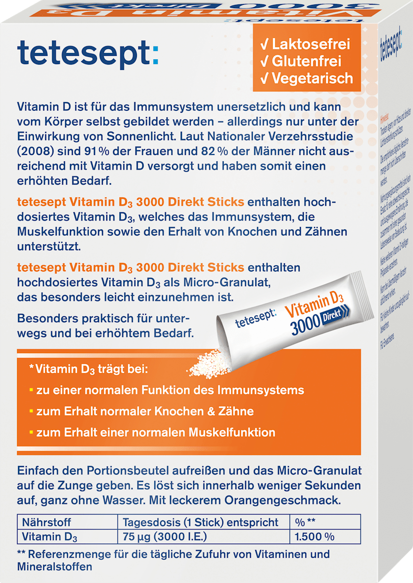 Tetesept Vitamin D3 3000 Direkt Sticks – 20 Direct Sticks