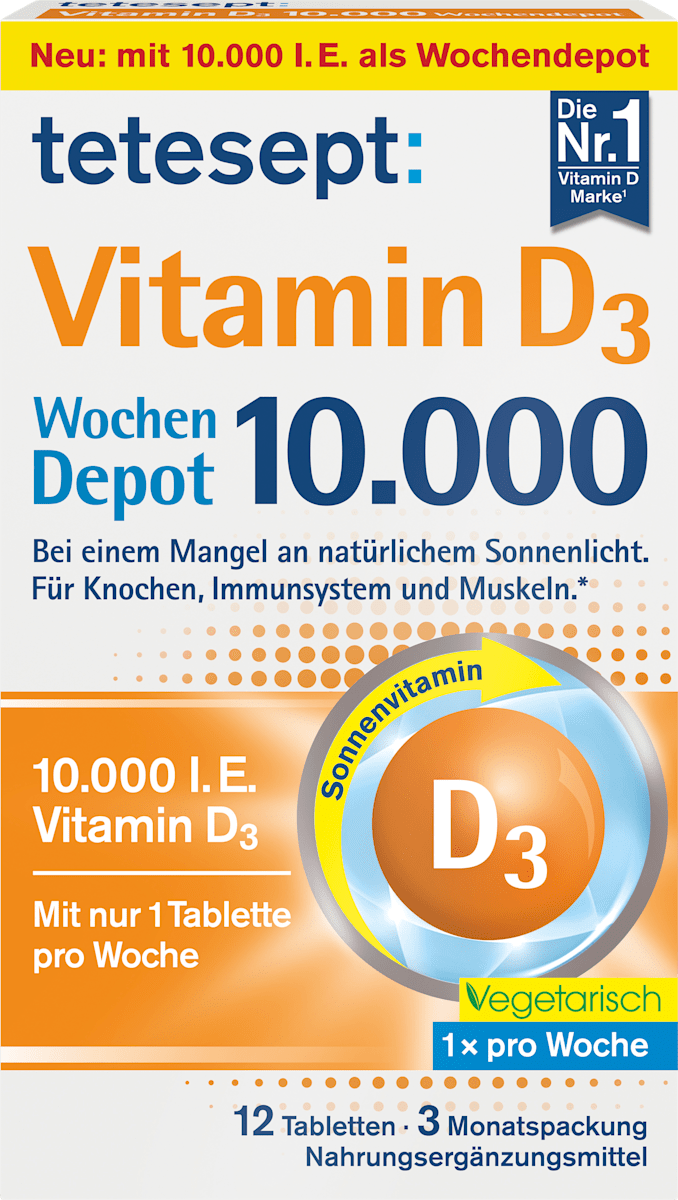 Tetesept Vitamin D3 10,000 I.U. Weekly Depot – 12 Tablets (3-Month Supply)
