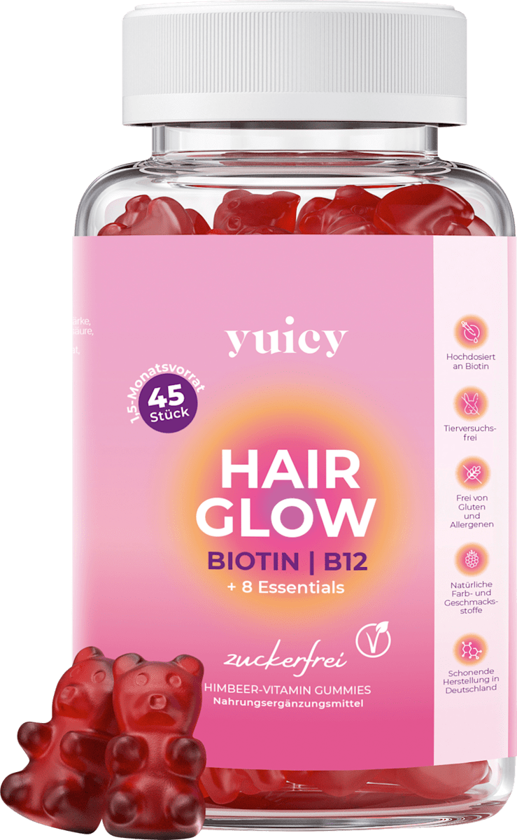 Hair Glow Biotin + B12 & 8 Essentials Gummies – 45 Gummies, 121 g